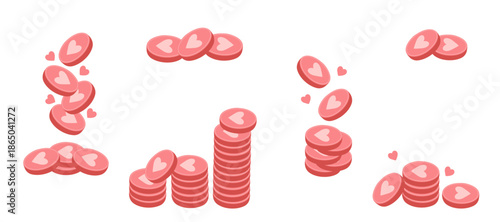 Valentines Day collection of pink coins in different arrangements: scattered, stacked and pyramid. Romantic design elements for promotions, banners and festive marketing