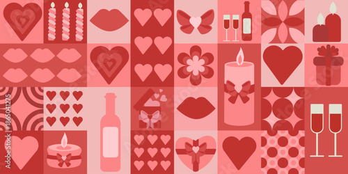 Seamless Valentines Day geometric pattern in red and pink colors with romantic elements: hearts, lips, gifts, wine glasses and candles. Perfect for textile printing, wrapping paper and festive design
