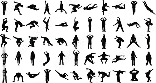 Large collection of diverse people silhouettes in active poses, parkour jumping, standing, stretching, and athletic movements, isolated vector illustration on white background, group (24 words)