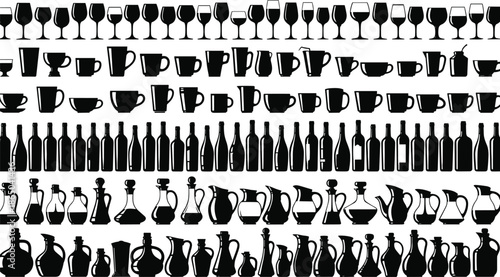 Large set of drinkware silhouettes, wine glasses, coffee mugs, tea cups, glass bottles and kitchen jugs, isolated vector illustration on white background, icons (24 words)