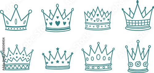 Royal crown icons collection with various ornamental patterns and jewel details for king queen prince princess and luxury branding concepts