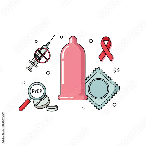Flat design illustration vector of a pink condom, PrEP pills, and HIV awareness ribbon with a syringe on a white background.