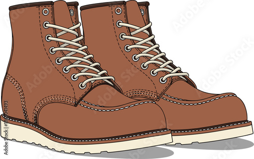 Pair of brown leather work boots with white laces and durable rubber soles, isolated vector illustration on a white background (20 words)