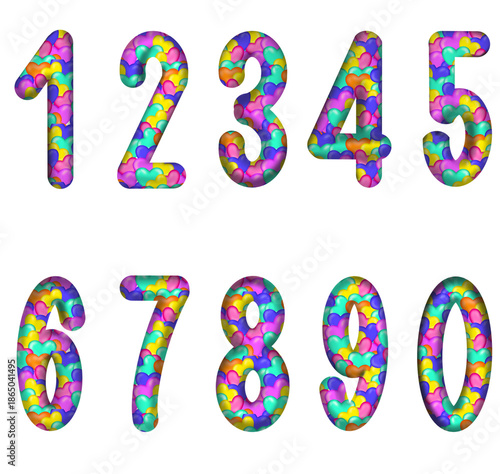 A set ofnumber 1 to 0 rounded edges, in colorful hearts, blue, green, yellow, pink, purple and orange. Transparent background, png file.