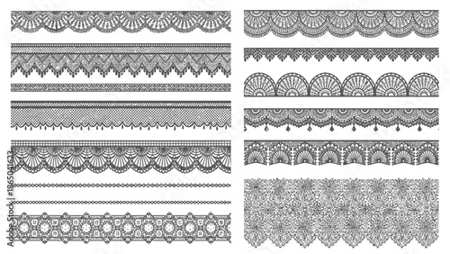 An assortment of decorative black lace borders and patterns showcased in a grid arrangement
