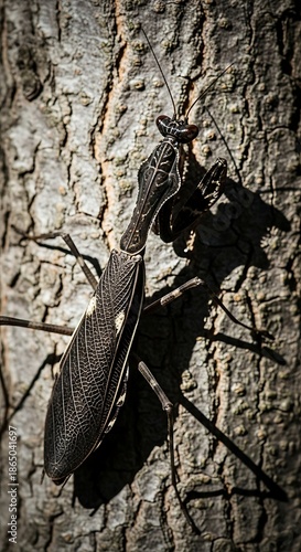 Dark Insect Camouflaged on Rough Tree Bark in Sunlight