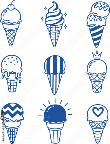 Blue Ice Cream Cone Vector Icon Set with Different Flavors Toppings and Styles for Summer Dessert Food and Refreshment Graphic Design