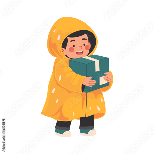 Little boy in yellow raincoat delivering a package parcel