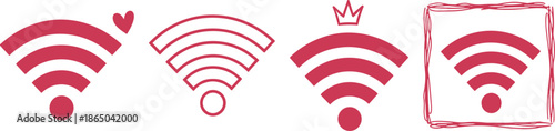 Pink WiFi Wireless Signal Vector Icon Set with Heart and Crown Symbols for Smart Technology Connectivity and Internet Communication Design