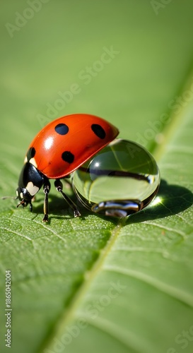 Vibrant Ladybug Resting on a Leaf with a Clear Water Droplet