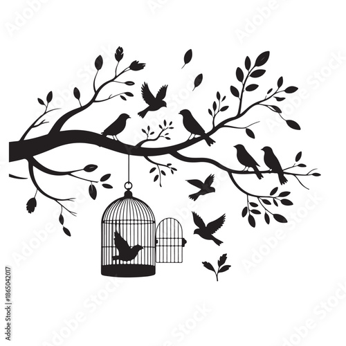 Birds on tree branch with birdcage silhouette vector illustration spring nature scene with flying bird wildlife animal and freedom concept isolated on white