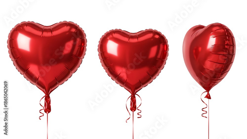 Three shiny red heart shaped foil balloons perfect for valentines on transparent background