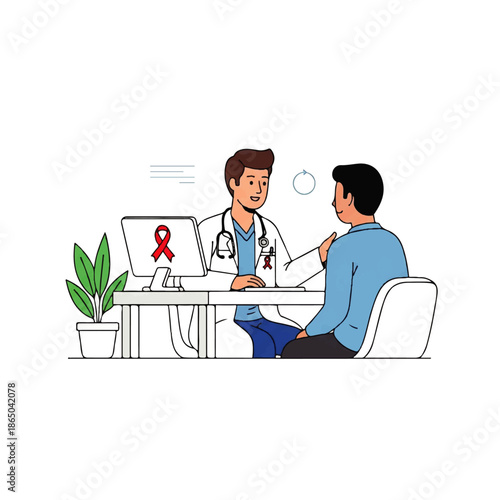 A doctor and patient in a consultation, sitting at a desk with a computer displaying a red ribbon, in a flat design illustration vector with a professional and informative mood.