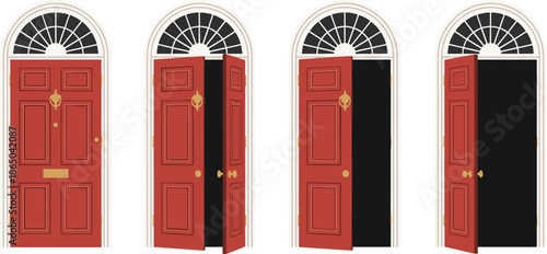 Classic red front door opening sequence vector illustration set with arched window isolated on white background