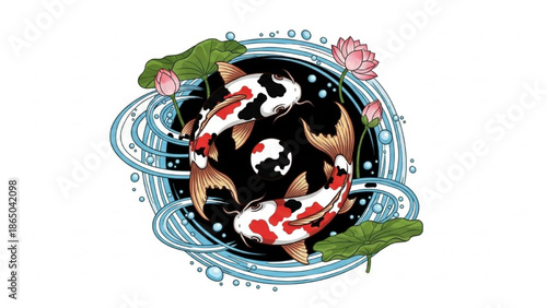Yin Yang Koi Fish with Lotus Illustration