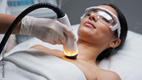 Woman receiving laser hair removal treatment.