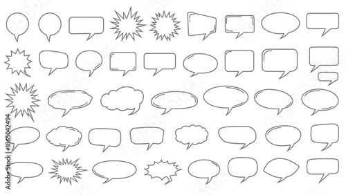 Collection of various hand drawn speech bubbles and comic book elements in black and white
