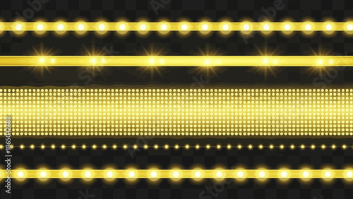Golden light effects and glittering lines on a transparent dark background showcasing bright illumination