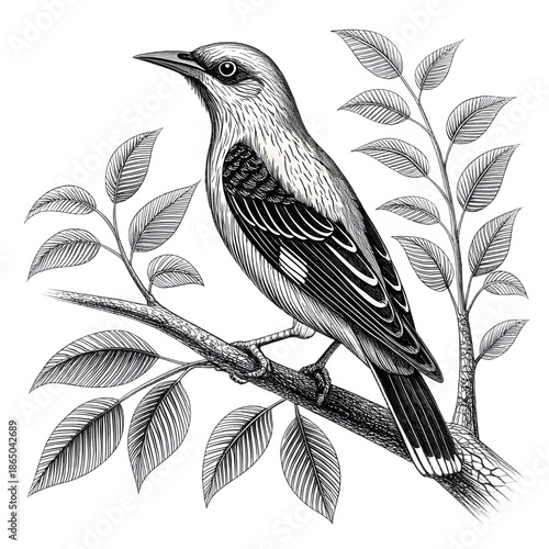 Small Songbird Perched on a Leafy Branch, Detailed Vintage Engraving Style