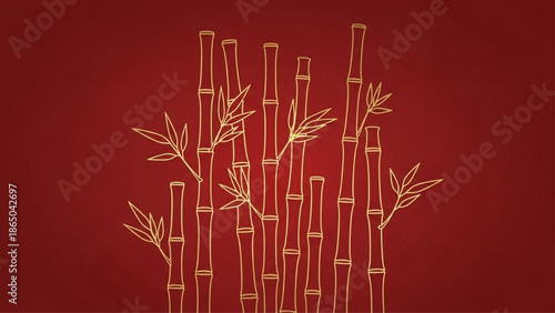 Golden Bamboo Line Art on Red Background