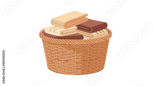 Wicker laundry basket neatly filled with folded clean towels, depicting household chores, cleanliness, and domestic organization.