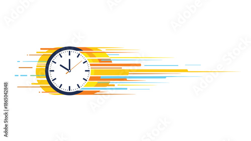 Stylized clock with dynamic orange and blue speed lines, conveying the concept of fast time, efficiency, and rapid progress in projects or life.