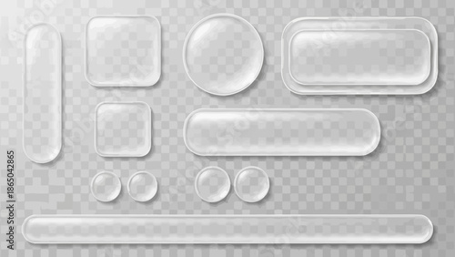 A collection of realistic transparent glass button and label shapes on a grey background