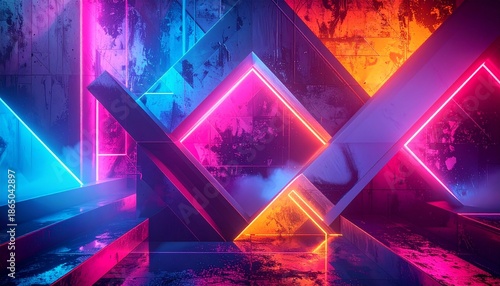 Abstract geometric shapes illuminated by vibrant neon lights in a dark, textured environment.