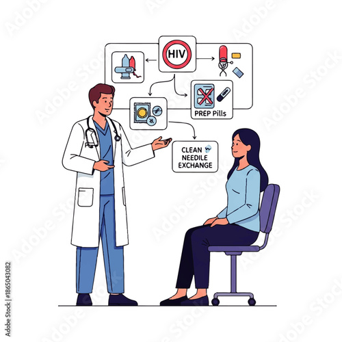 A doctor in a white coat explains HIV prevention methods to a patient in a Flat Design illustration Vector, discussing clean needle exchange and PrEP pills.