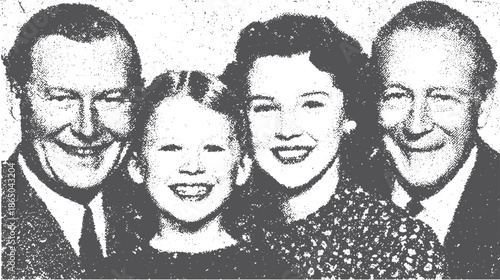 Family portrait featuring smiling individuals together in a vintage style. This black and white vector illustration captures the joy of togetherness.