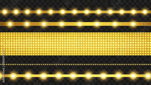 Golden lighting effects and illuminated lines on a transparent black background for design projects