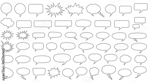 Collection of various empty comic book speech bubbles and explosion effects in a black and white design
