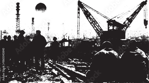 Construction site with silhouetted men observing cranes and industrial equipment. The vector illustration captures a busy urban environment.