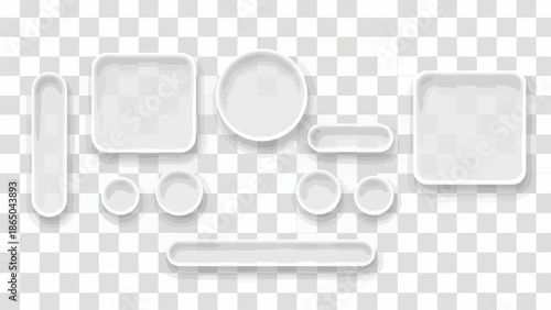 A collection of empty white plates and dishes arranged on a transparent background showcasing various shapes