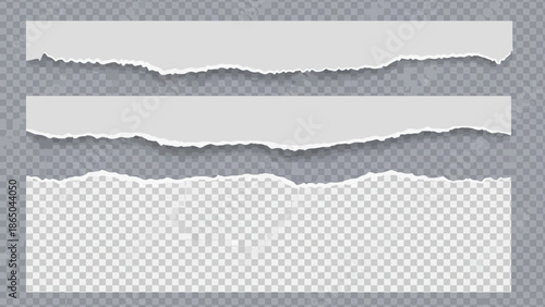 Three torn paper pieces with ragged edges float against a transparent checkered background