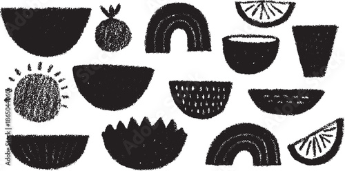 Bowl set including shapes like rainbow, sun, and orange. Simple black vector illustration with textured elements for unique design.