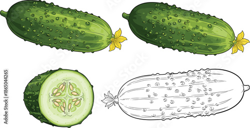 Fresh cucumber vegetable collection vector illustration with whole sliced and outline cucumbers isolated on white background