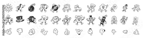 Old School Cartoon Distressed Mascots Collection, Melting Ice Cream, Crying Teardrop, Anxious Teapot, and Hypnotized Sun, Black and White Vector.