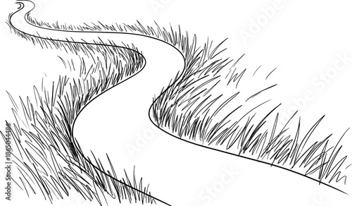 Hand drawn winding path through grass fields vector illustration minimalist nature landscape sketch isolated on white background for travel design