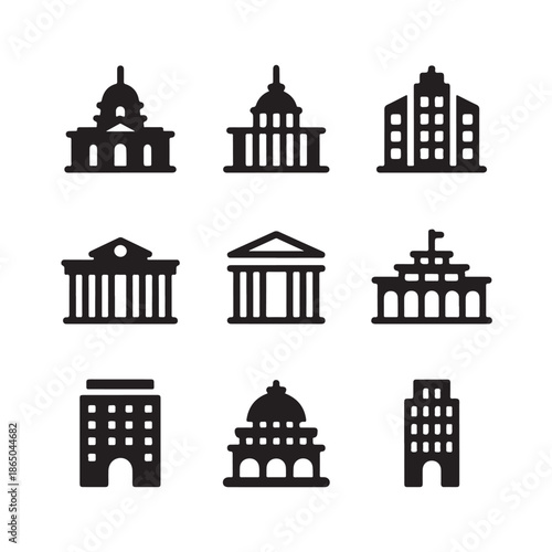 Set of architectural building vector icons collection various shape design style municipal government house silhouette on transparent background