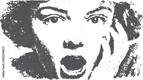 Expression showcasing a scream in a black and white vector illustration. A dynamic representation of emotion and human reaction set in a distinct style.