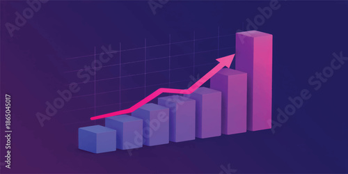 3D illustration of a financial business graph with a red upward arrow showing market growth and success through a data bar chart representing sales progress and profit increase