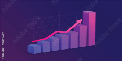 3D illustration of a financial business graph with a green arrow showing growth and market success on a black background featuring a professional bar chart for data report increase
