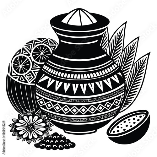Vector illustration of a traditional black ceramic tea and coffee pot set featuring porcelain kitchenware icons and antique pottery patterns for drink container design