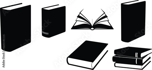 Book silhouette illustration, black white design, open closed books, stacked layout, minimalist graphic, literary theme, educational concept, modern style
