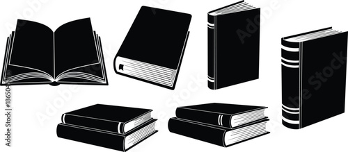 Stylized book illustrations, black white design, open closed books, stacked layout, graphic concept, educational theme, literary art, modern style