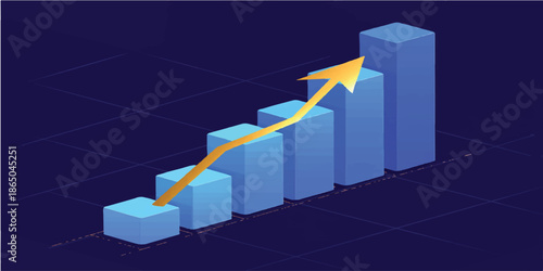 A professional 3d financial bar chart illustration showcases market growth and data progress with a green arrow moving up to signal a successful business profit increase and stock report