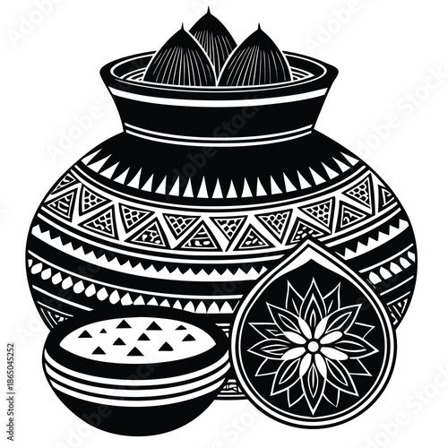 Vector illustration of a handmade ceramic bowl with an apple and fruit isolated on a white background for kitchen art and decoration