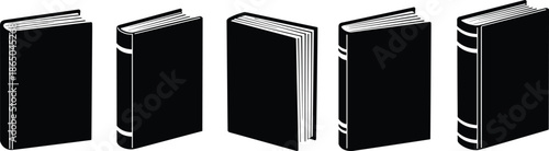 Black book silhouettes, upright closed books, spine detail, minimalist graphic design, literary theme, educational concept, modern layout, icon style