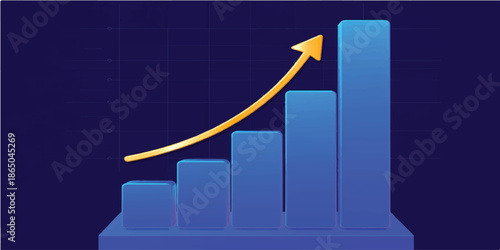 3D illustration of a rising business stock market graph with a red background and an arrow showing financial growth and success in sales profit data